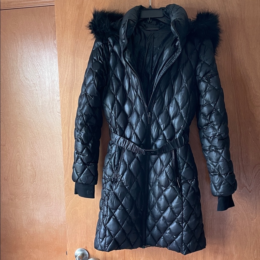 Diane Von Furstenberg Black Quilted Puffer Coat with Fur Trim